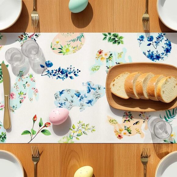 Easter Table Runner 13 x 72"  Happy Easter Rabbit Bunny Eggs Floral Linen NEW!! - Picture 7 of 7